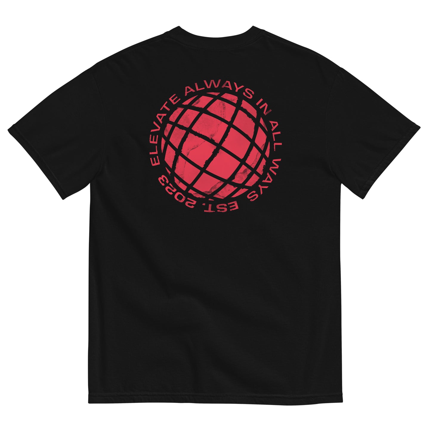 Our Elevate Society Global Logo Tee is an ultra-soft, everyday T-shirt. This shirt is made with 100% cotton for a mid-weight, comfortable feel. ‘Elevate Society’ is printed on the left chest and our global logo with slogan is stamped across the back. The slogan reads ‘Elevate always in all ways EST. 2023’.