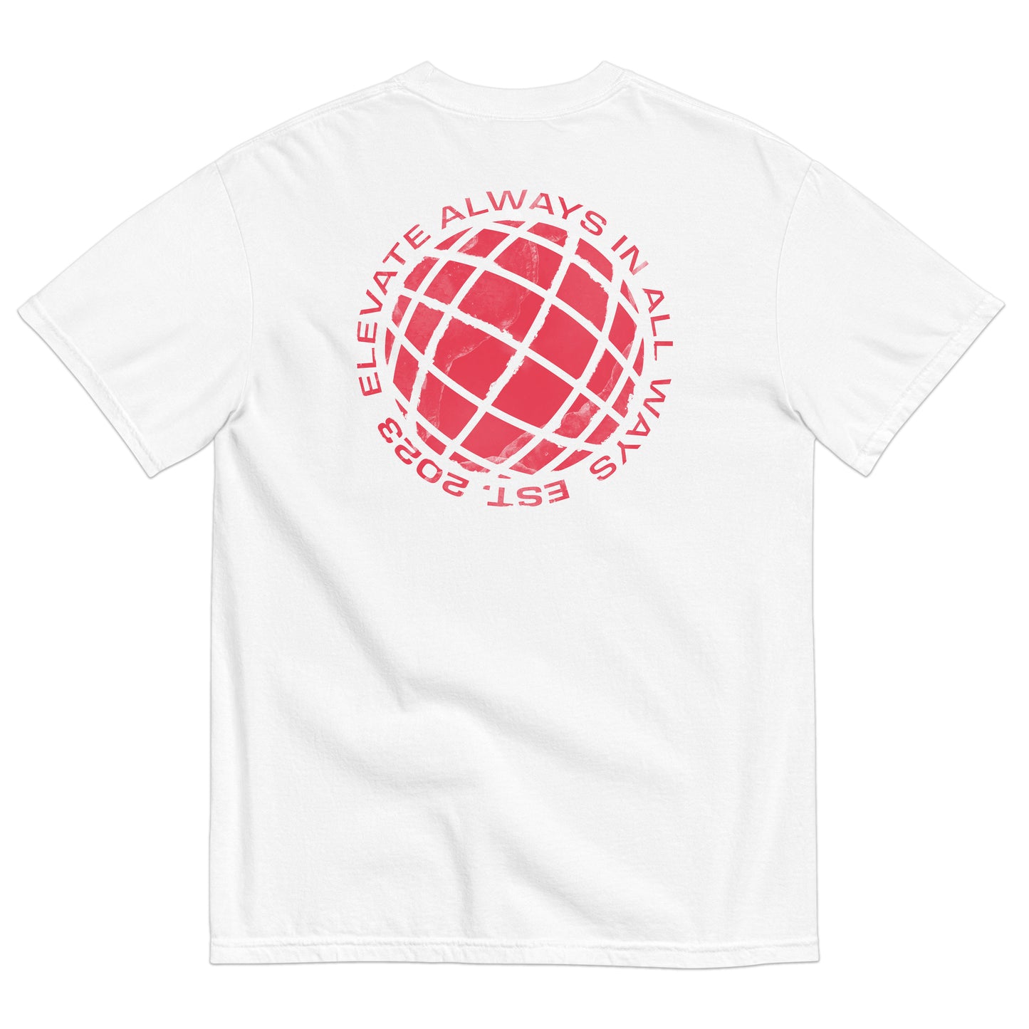 Our Elevate Society Global Logo Tee is an ultra-soft, everyday T-shirt. This shirt is made with 100% cotton for a mid-weight, comfortable feel. ‘Elevate Society’ is printed on the left chest and our global logo with slogan is stamped across the back. The slogan reads ‘Elevate always in all ways EST. 2023’.
