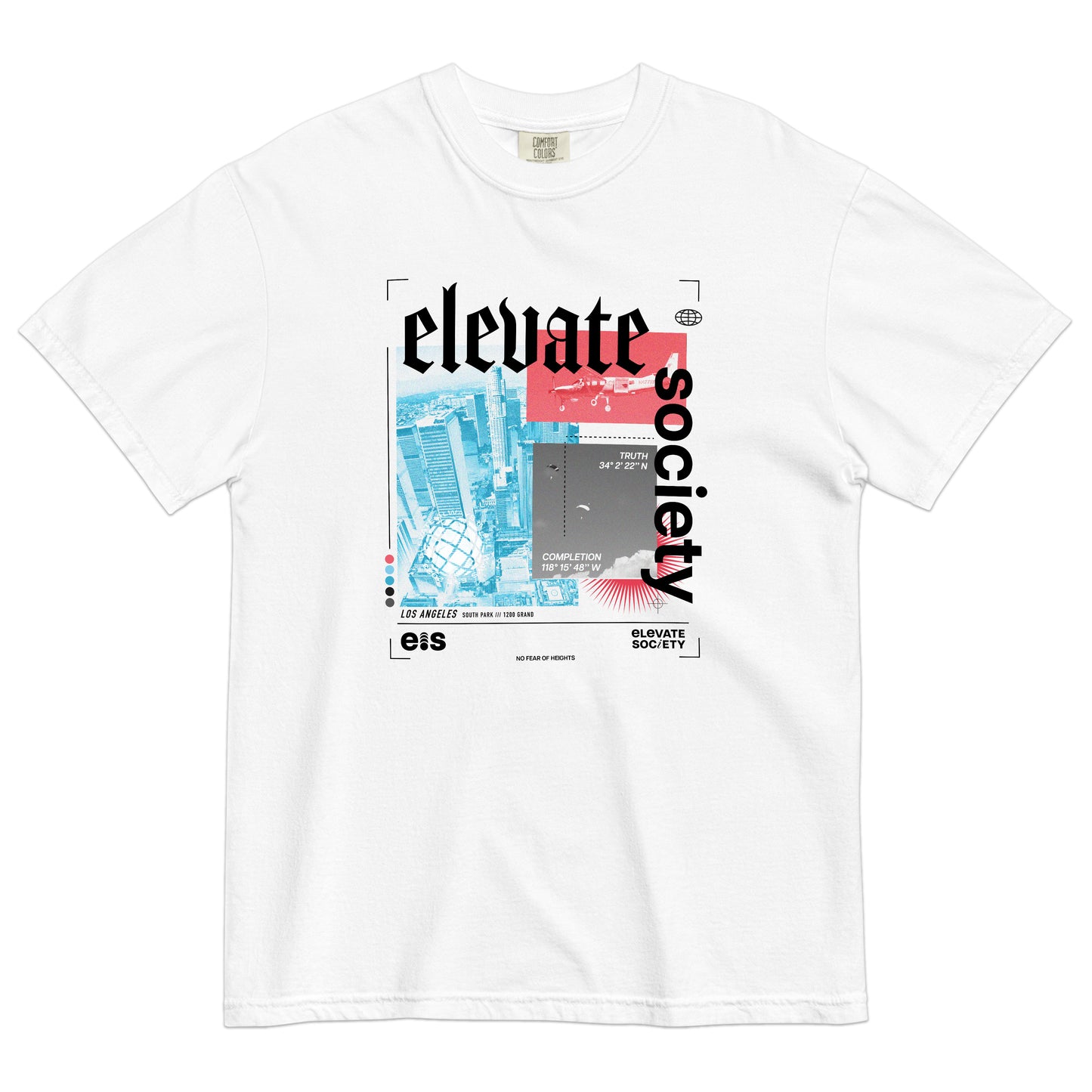 This shirt is made with 100% cotton for a soft, comfortable feel. A graphic design featuring color-blocked photos of Downtown, Los Angeles and paratroopers jumping from a plane are printed on the front, as well as the words ‘Elevate Society’. The Elevate Society logo is printed on the back collar.