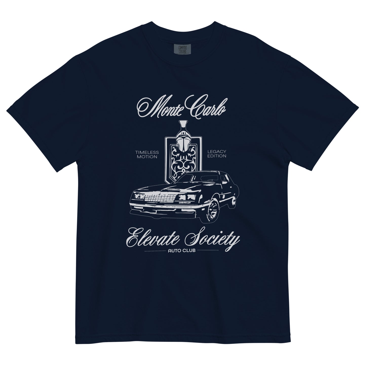 Our Elevate Society Monte Carlo Tee is a premium, streetwear-style, graphic T-shirt. This shirt is made with 100% cotton for a soft, comfortable feel. A graphic design featuring a '87 Monte Carlo and script typography is printed on the front.