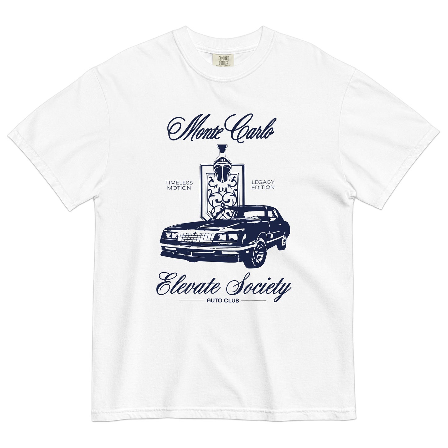 Our Elevate Society Monte Carlo Tee is a premium, streetwear-style, graphic T-shirt. This shirt is made with 100% cotton for a soft, comfortable feel. A graphic design featuring a '87 Monte Carlo and script typography is printed on the front.
