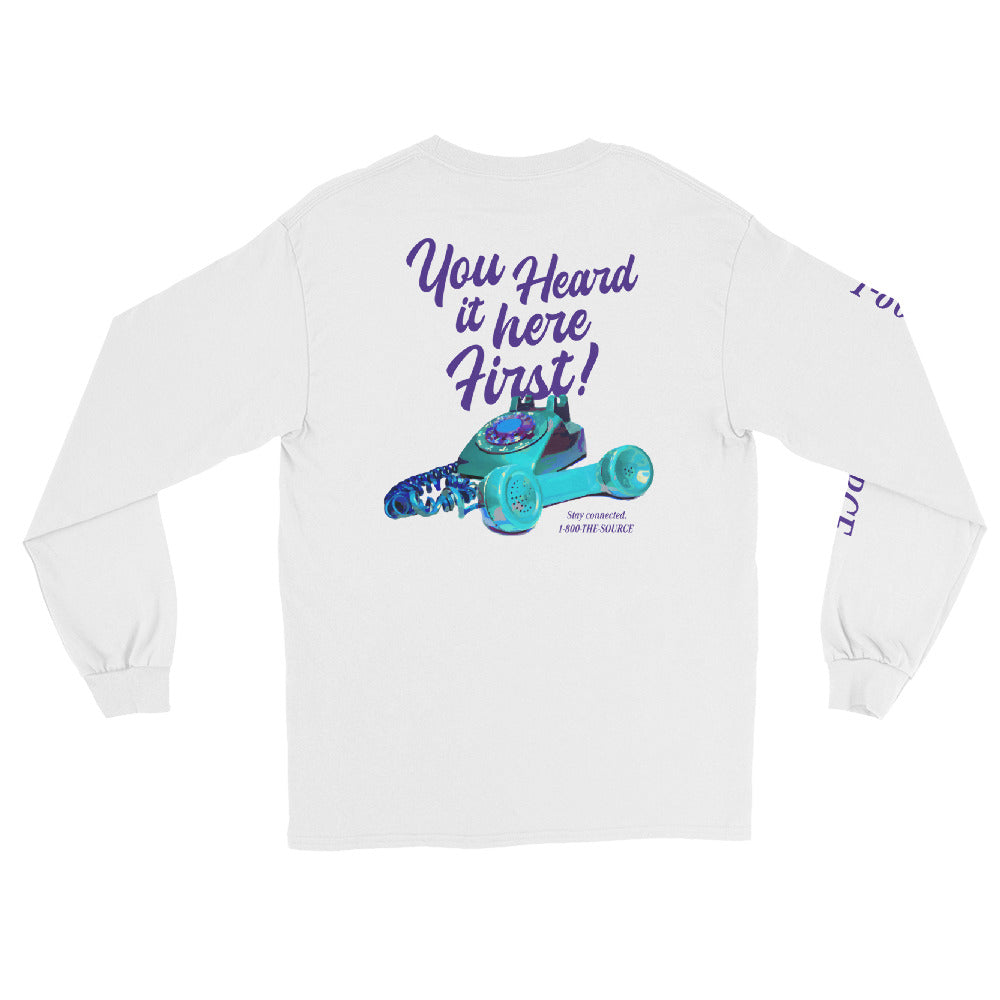 This shirt is made with 100% cotton for a soft, comfortable feel. A graphic design featuring the phrase ‘You Heard It Here First!’ is printed on the front and back. '1-800-THE-SOURCE' is printed on the right sleeve.