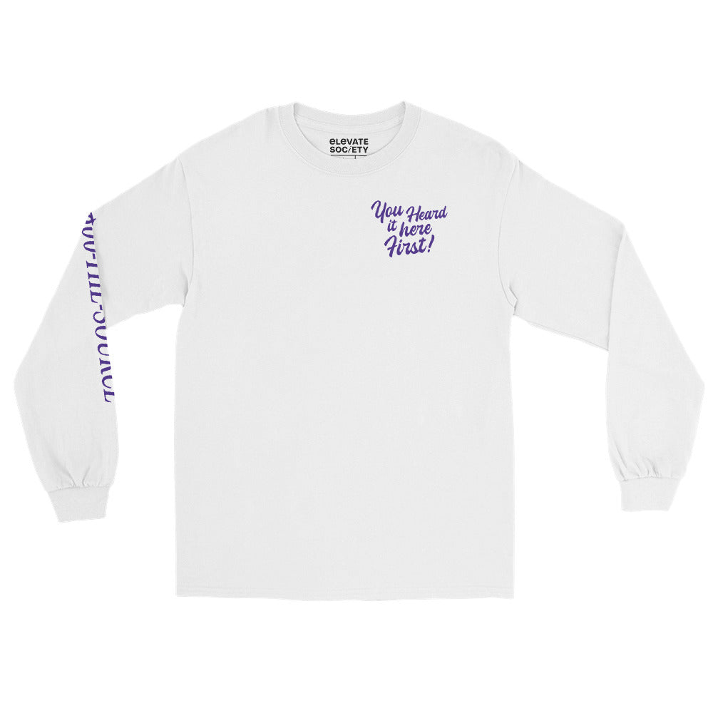 This shirt is made with 100% cotton for a soft, comfortable feel. A graphic design featuring the phrase ‘You Heard It Here First!’ is printed on the front and back. '1-800-THE-SOURCE' is printed on the right sleeve.