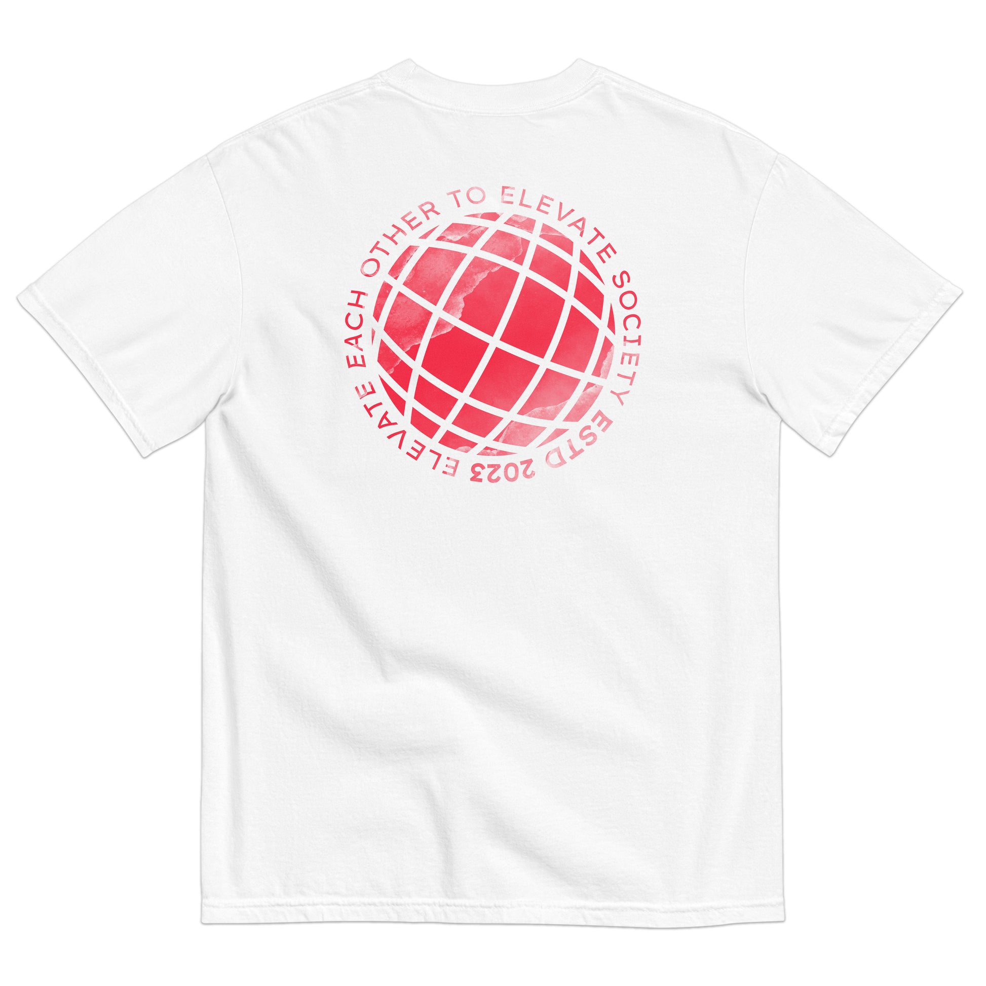 Our Elevate Society Global Logo Tee is an ultra-soft, everyday T-shirt. This shirt is made with 100% cotton for a mid-weight, comfortable feel. ‘Elevate Society’ is printed on the left chest and our global logo with slogan is stamped across the back. The slogan reads ‘Elevate each other to elevate society ESTD 2023’.