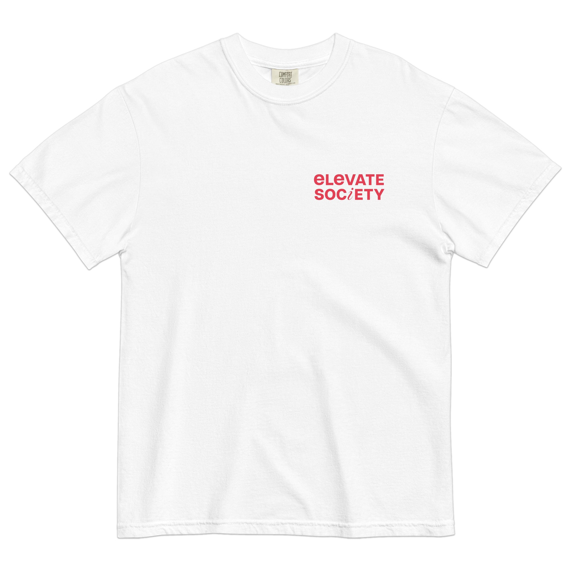 Our Elevate Society Global Logo Tee is an ultra-soft, everyday T-shirt. This shirt is made with 100% cotton for a mid-weight, comfortable feel. ‘Elevate Society’ is printed on the left chest and our global logo with slogan is stamped across the back. The slogan reads ‘Elevate each other to elevate society ESTD 2023’.