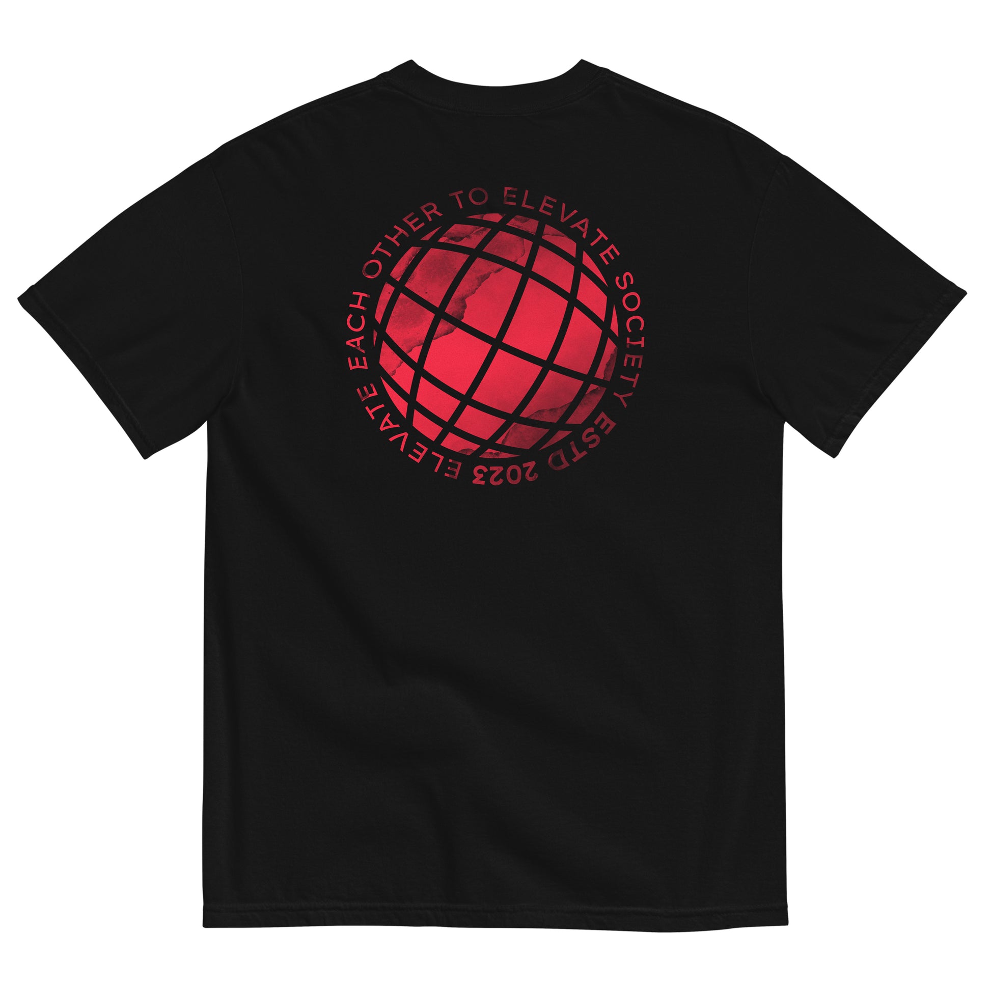 Our Elevate Society Global Logo Tee is an ultra-soft, everyday T-shirt. This shirt is made with 100% cotton for a mid-weight, comfortable feel. ‘Elevate Society’ is printed on the left chest and our global logo with slogan is stamped across the back. The slogan reads ‘Elevate each other to elevate society ESTD 2023’.