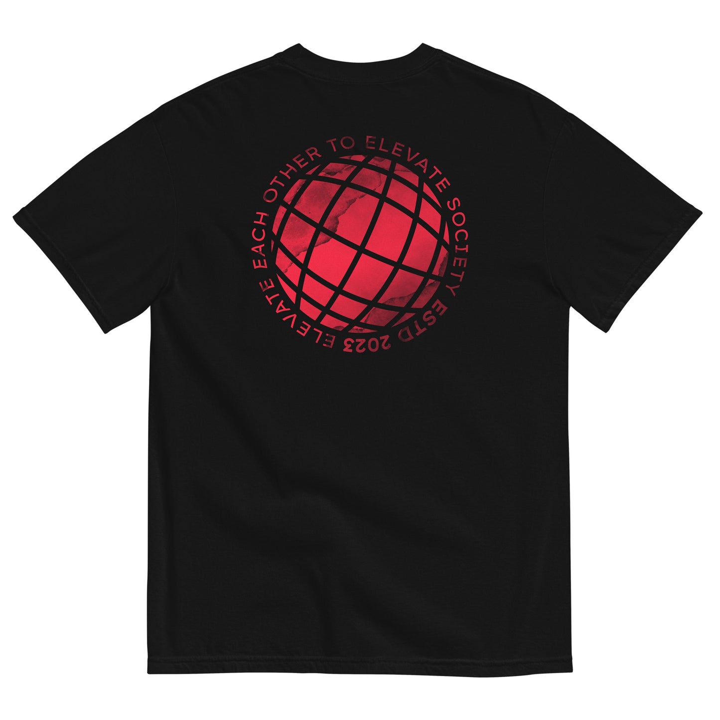 Our Elevate Society Global Logo Tee is an ultra-soft, everyday T-shirt. This shirt is made with 100% cotton for a mid-weight, comfortable feel. ‘Elevate Society’ is printed on the left chest and our global logo with slogan is stamped across the back. The slogan reads ‘Elevate each other to elevate society ESTD 2023’.