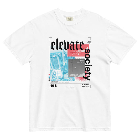 This shirt is made with 100% cotton for a soft, comfortable feel. A graphic design featuring color-blocked photos of Downtown, Los Angeles and paratroopers jumping from a plane are printed on the front, as well as the words ‘Elevate Society’. The Elevate Society logo is printed on the back collar.